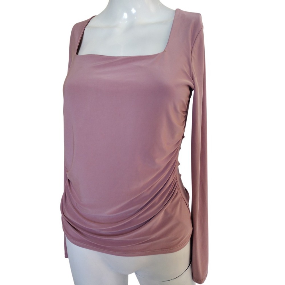Saints Blouse Woman's Small Pale Pink Long Sleeves Square Neck Ruched Long Slvs